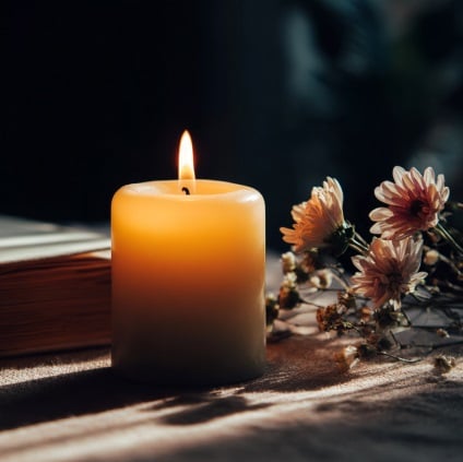 Lit candle beside flowers creating a calm and reflective setting for cremation services Frisco, TX.