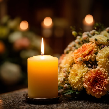 Memorial candle and floral tribute for funeral remembrance in Frisco, TX.