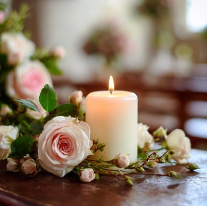 Memorial candle and pink flowers for cremation remembrance in Little Elm, TX.