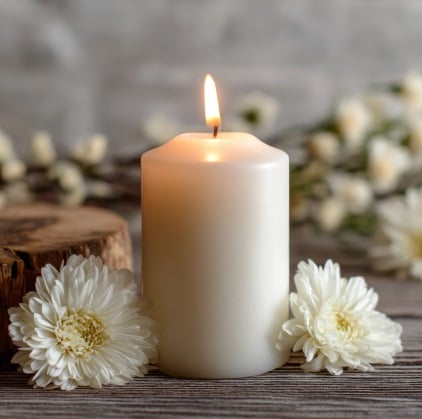 Memorial candle and white flowers for cremation remembrance in Frisco, TX.