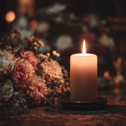 Memorial candle beside floral arrangements representing funeral homes in Prosper, TX.