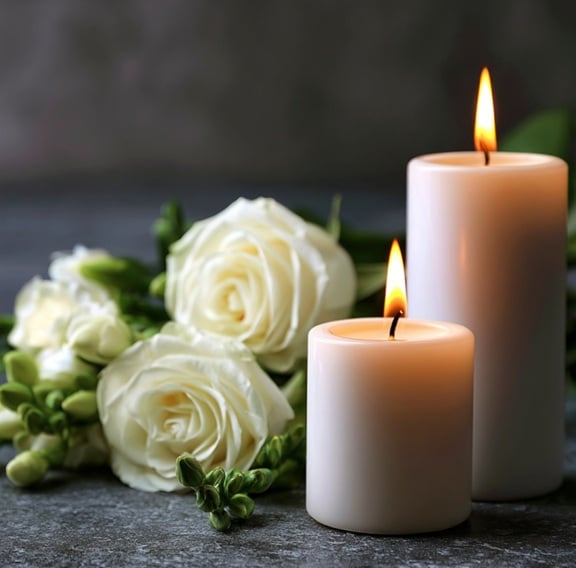 Two lit candles with white flowers symbolizing remembrance in Frisco, TX.