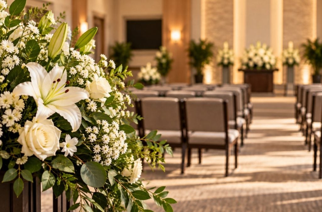 Large funeral chapel prepared with rows of seating and floral arrangements in Frisco, TX.